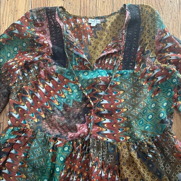 Antilia Femme Semi Sheer Peasant Boho Long Bell Sleeve Top Rust Teal M - Picture 2 of 8